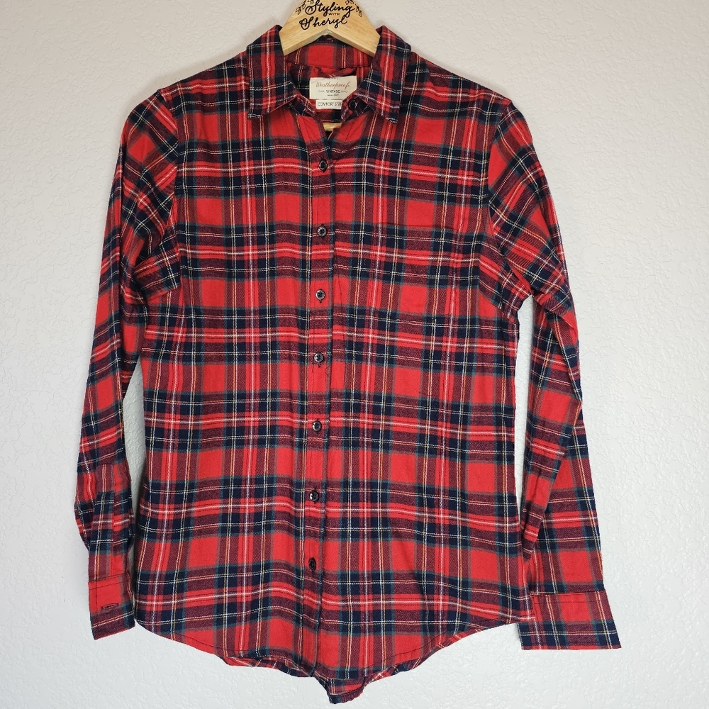 Weatherproof Red Blue Plaid Comfort Stretch Flannel Button-Up …